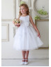 A-line Boat Neck Organza Knee Length Tiered Flower Girl Dress With Decorated Flower Sash